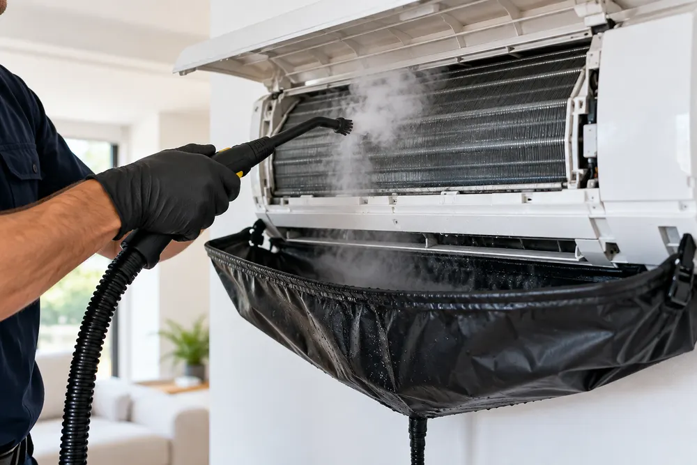 Steam wand cleaning accessible components of an opened split-system air conditioner
