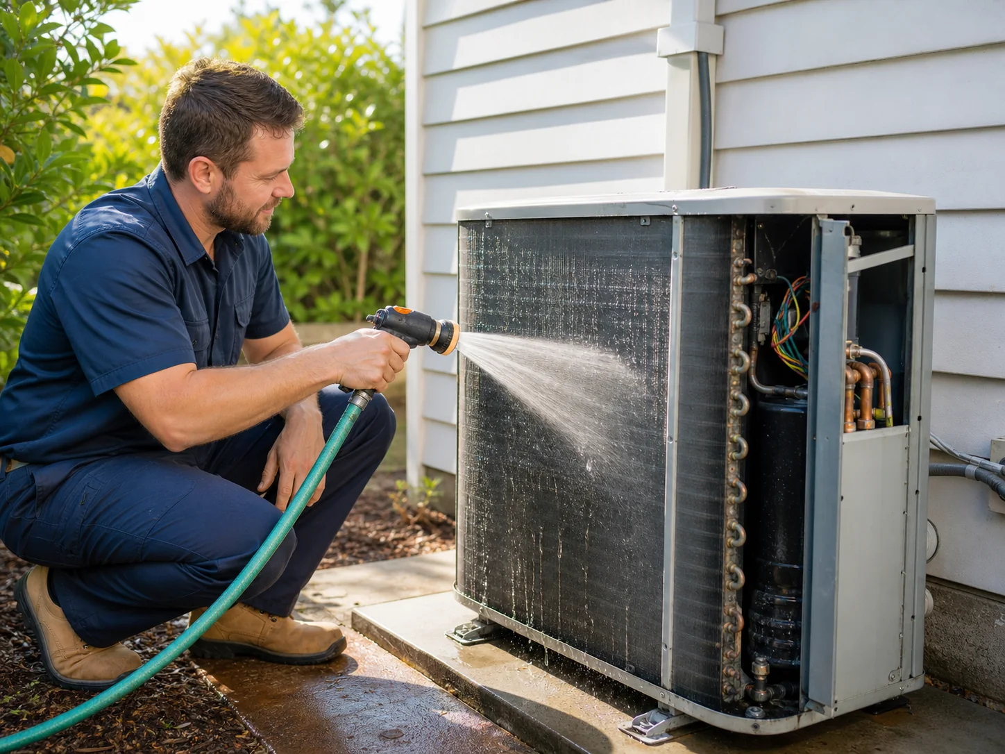 Technician rinsing an outdoor air conditioner condenser
