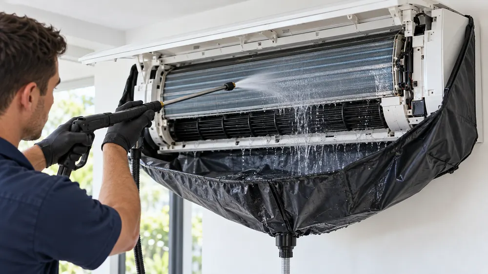 Detailed hydro washing of an opened split-system air conditioner into a protective cleaning bag