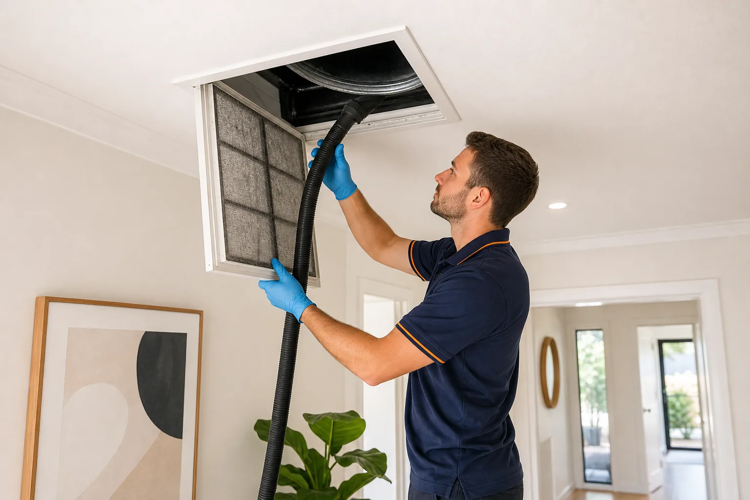 Technician cleaning a ducted return-air grille and filter inside a home