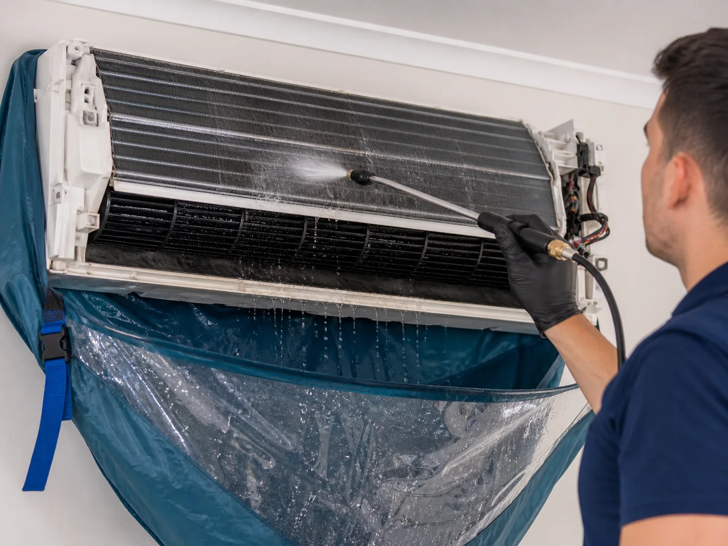 Controlled hydro wash cleaning the coil inside a split-system air conditioner