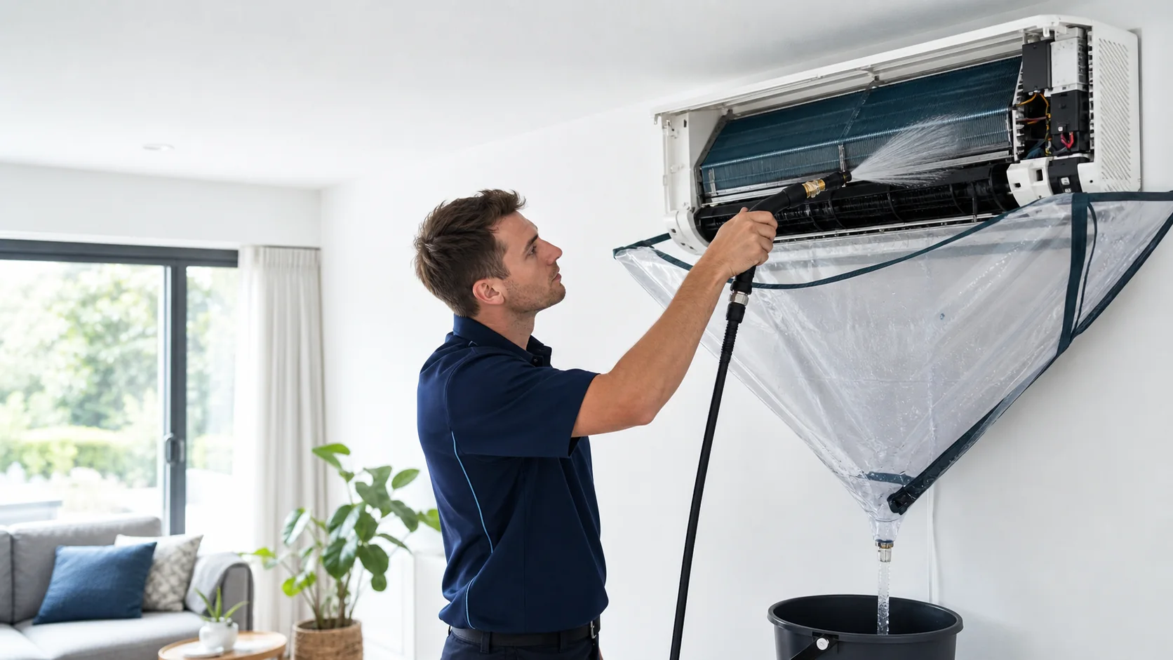 Technician hydro washing a wall-mounted split-system air conditioner into a protective wash bag